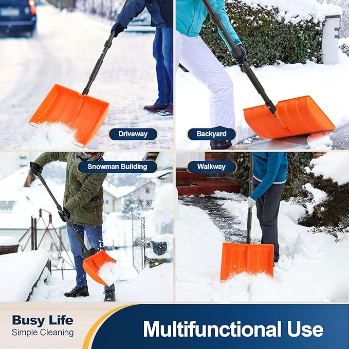 Yocada Snow Shovel 55" Long for Home Garage Driveway Snow Removal with D-Grip Handle Aluminum Strip Large Capacity Orange Shovel for Garden Car Camping Outdoor