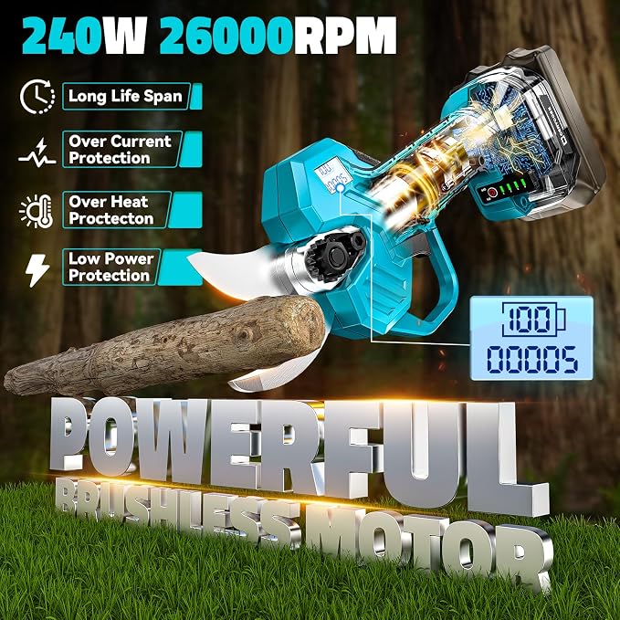 Cerycose Electric Pruning Shears Compatible with Makita 18v Battery, 0.8-2 Inch Max Cutting Diameter Electric Pruner with LCD Display & Imported SK7 Steel Blades for Gardening Tree Pruning(No Battery)