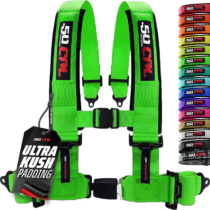 1pc 50 Cal Green 4 Point Harness 3in Straps, Racing Harness Seat Belt | Ultra Kush padding, Push Button quick release hardware. Universal Fit for UTV, RZR, race car.