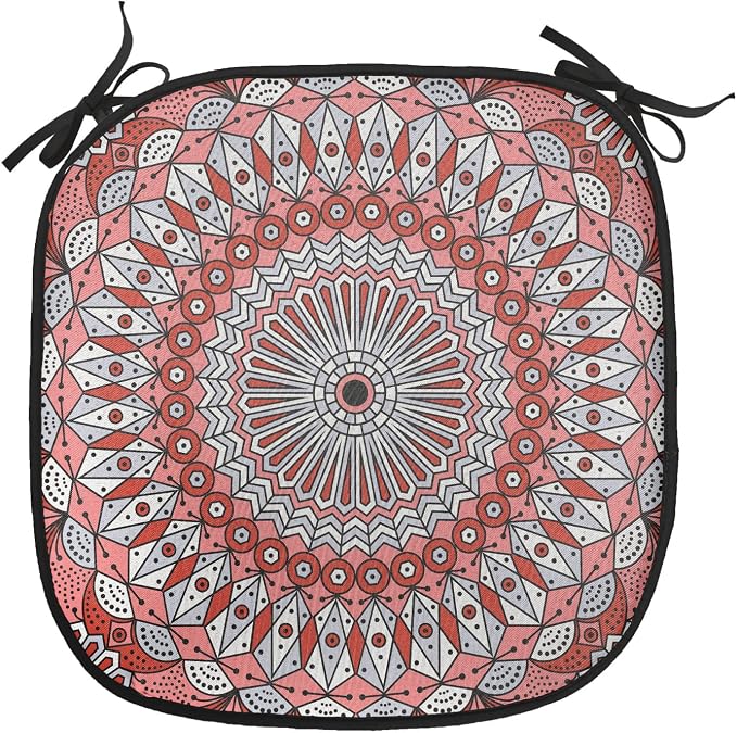 Lunarable Moroccan Chair Cushion Pads Set of 4, Colorful Patterned Ornament Medieval Openwork Eastern, Anti-Slip Seat Padding for Kitchen & Patio, 16"x16", Coral Red Pale Grey