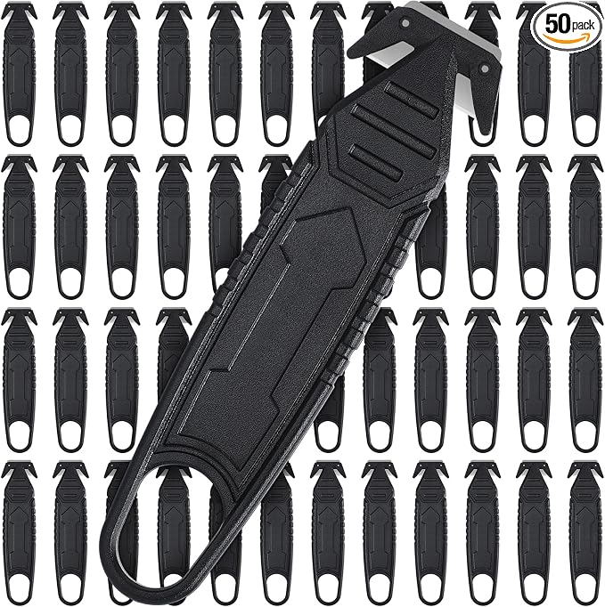 Therwen 50 Pcs Safety Box Cutter Knife of Stainless Steel Concealed Blade Package Opener with Tape Splitter for Carton Cardboard Wrap Letter Work Bag Straps Film Utility Tool (Black)