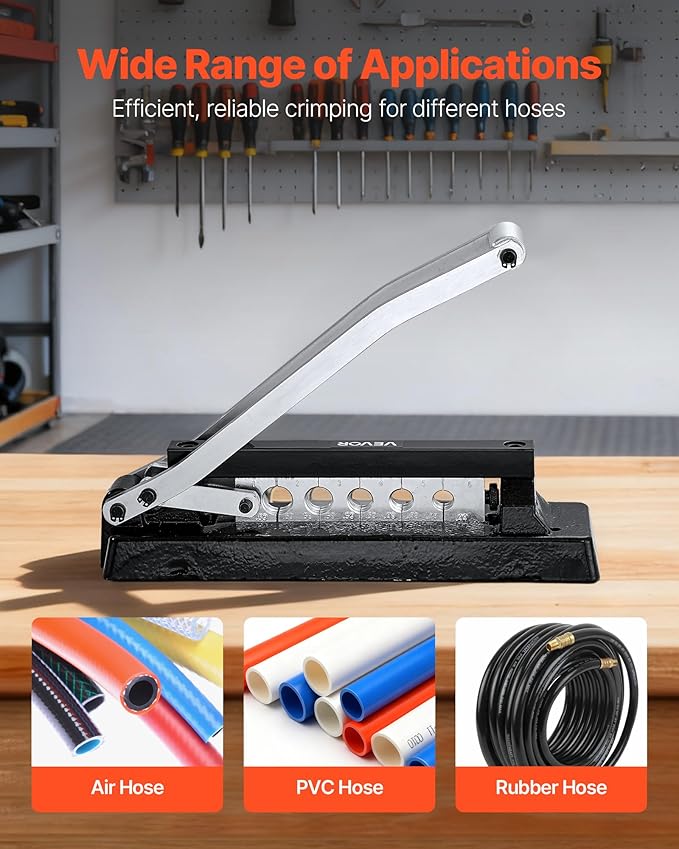 VEVOR Heavy Duty Hose Ferrule Crimping Tool, Standard Bench Hose Crimper with 5 Die Holes & 0.44"-0.63" Crimping Range for PVC Rubber Hoses, Air Hoses Crimping Repair Kit (Ferrules Not Included)