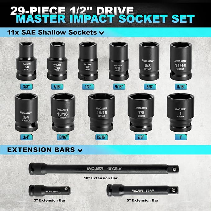 1/2 29PC Socket Set Shallow, CR-MO,SAE/Metric 3/8"-1",10-24mm | short impact socket set 1/2 drive with Extension Bars Standard Shallow Socket Set High Torque Truck Bearing Locknut
