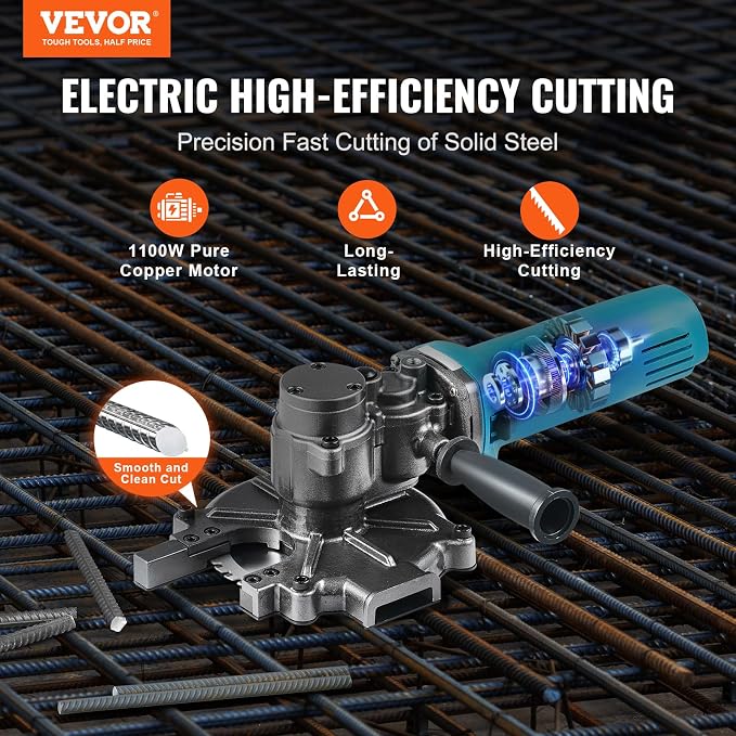 VEVOR Electric Rebar Cutter, 1100W Portable, Cuts up to 3/2 inch (4-40mm) Rebar, High Power Steel Concrete Cutter with Auxiliary Handle & Tool Case, RD-10