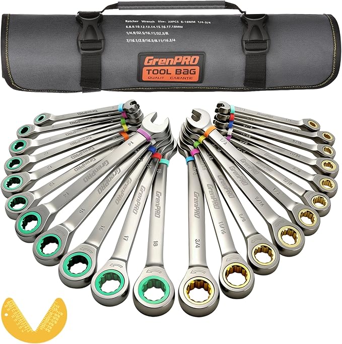 GRENPRO Ratcheting Wrench Set, Combination Wrench Set Metric And Standard & SAE With Color Ring, 1/4" to 3/4" & 6-18mm, 23PC Open End Ratchet Wrenches With Roll Up Pouch, CRV Socket Mechanic Tool Sets