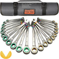 GRENPRO Ratcheting Wrench Set, Combination Wrench Set Metric And Standard & SAE With Color Ring, 1/4" to 3/4" & 6-18mm, 23PC Open End Ratchet Wrenches With Roll Up Pouch, CRV Socket Mechanic Tool Sets
