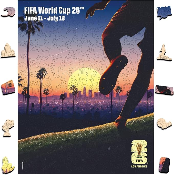 FIFA World Cup 2026 City Puzzle Los Angeles Poster - Wooden Puzzle for Adult, 200 Pieces Unique Shape Puzzle, 5MM Thick, Creative Collectible Gift for Fans, Officially Licensed Product, 9.3x11.8''