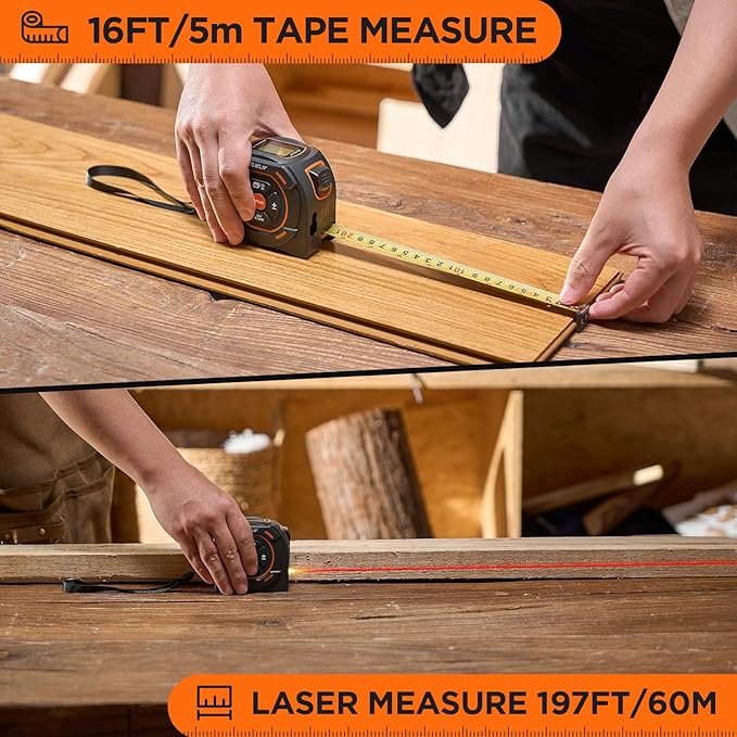 Laser Tape Measure 2-in-1, 197Ft Laser Distance Meter & 16Ft Digital Tape Measure, with LCD Display, Pythagorean Mode, Area/Volume Calculation, USB-C Rechargeable for Woodworking and Construction