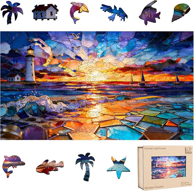 Leodozzio Wooden Puzzles for Adults, Sunset Lighthouse Jigsaw Puzzles 200 Pieces, 5MM Thick Unique Shaped Animal Wooden Puzzle, Perfect Choice Gift Wall Art Room & Artistic Home Decor, 7.3"x13"