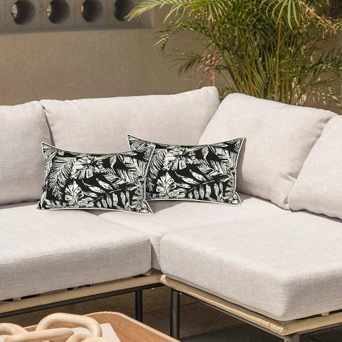 LVTXIII 2 Pack Outdoor Lumbar Pillows 12x20 Inch with White Piping, Fade Resistant Support Throw Pillows with Inserts for Patio Furniture, Sofa, Chair, Tropical Leaf Black