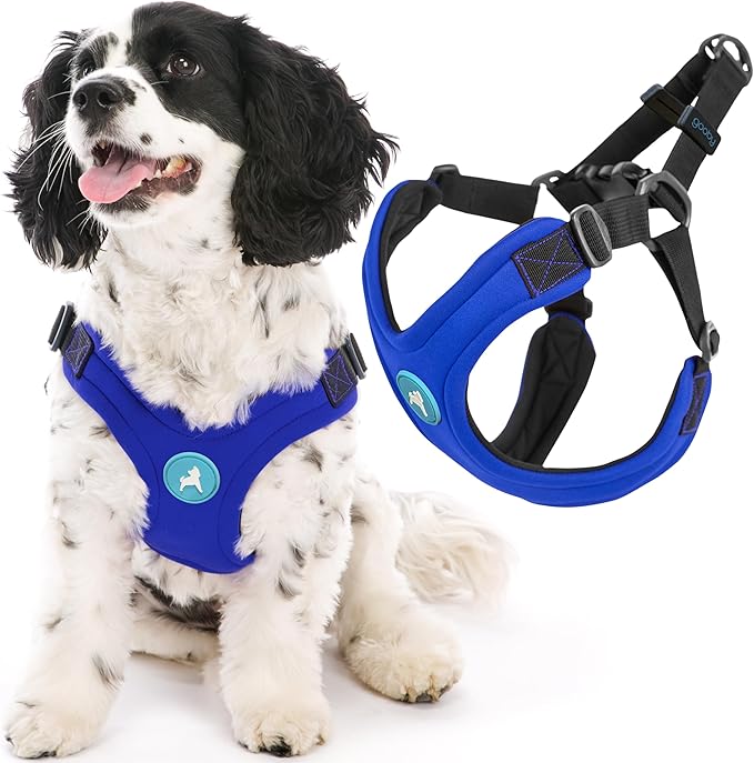 Gooby Escape Free Sport Dog Harness, Choke-Free, Blue, Large | Patented escape-free frame; Reduces choking; 4-point adjustment; Soft neoprene padding; Durable webbed straps