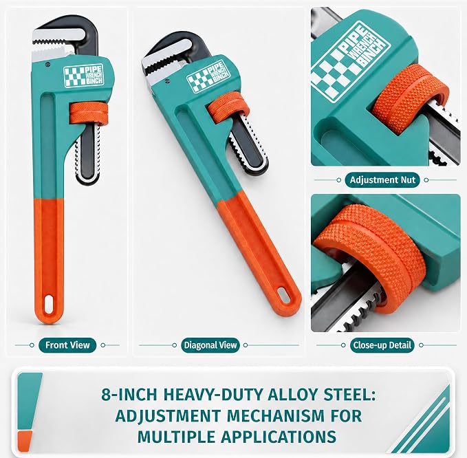 Heavy Duty Pipe Wrench, 8" Adjustable Straight Plumbing Wrench, High Drop-Forged jaws, Professional Pipeline Tool for Water Pipe Fittings, Mechanical assembly, Workshop Operations