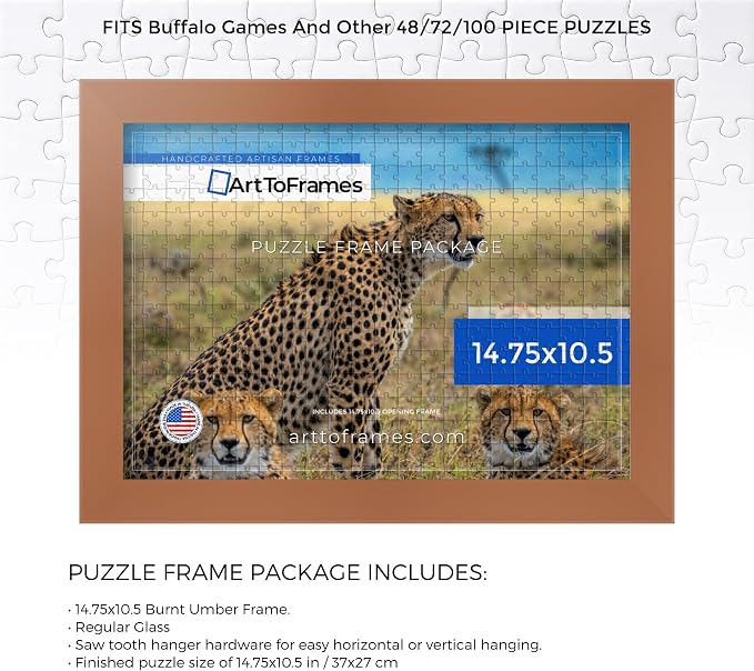 ArtToFrames Puzzle Frame for Buffalo Games 48, 72, 100 Piece Jigsaw Puzzles, 14.75x10.5 Inch (37x27 cm), Burnt Umber Engineered Wood with Regular Glass, Ready to Hang Puzzle Display