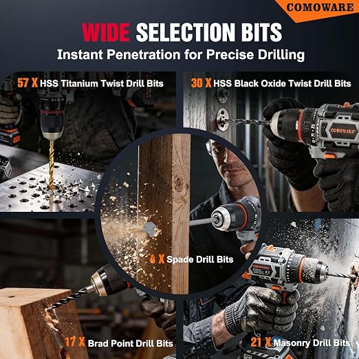 COMOWARE 246 Pcs Drill Bit Set with Case for Wood, Metal, Masonry, Cement and Screwdriver Bits