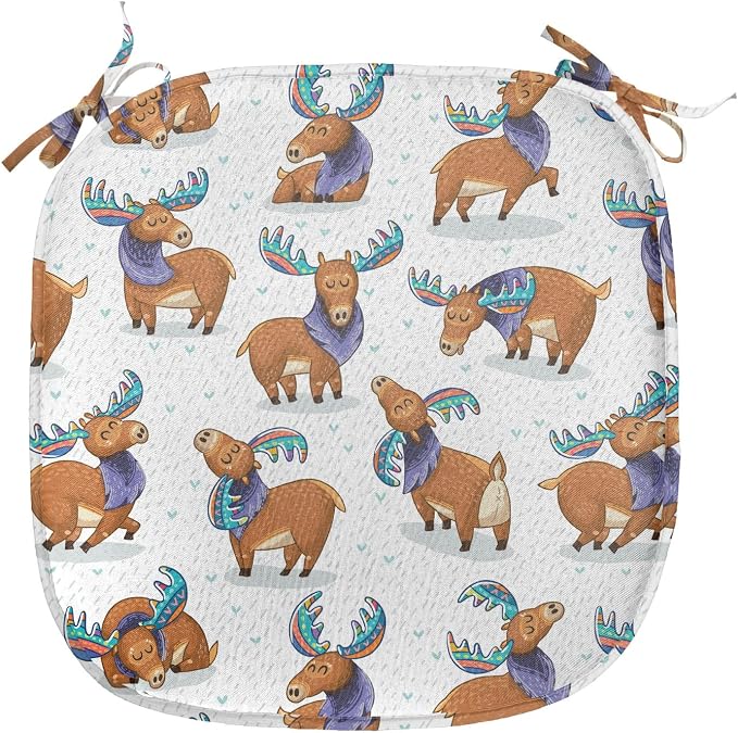 Lunarable Deer Chair Seating Cushion Set of 4, Moose in Cartoon Elks with Rainbow Antlers Cheerful Comic Pattern, Anti-Slip Seat Padding for Kitchen & Patio, 16"x16", Turquoise Lavender