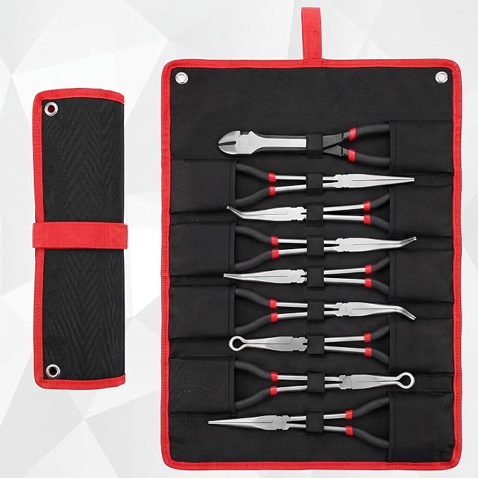 9 Piece 11 Inch Long Reach Pliers Set 45° 90° Bent, Circle, Diagonal Carbon Steel Needle Nose Pliers for Narrow Spaces and Limited Areas(Black)
