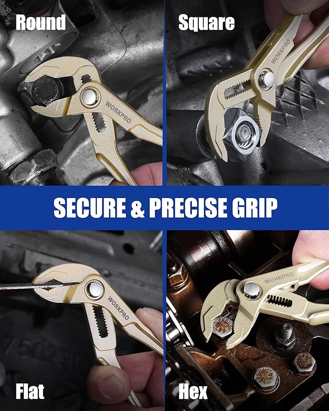 WORKPRO Mini Water Pump Pliers, 4-Inch Groove Joint Pliers, Fast Adjustable Tongue and Groove Plier with 15-Position Push-Lock, V-Jaw for Multi-Surface Grip, EDC Plier for Tight Spaces & Versatile Use