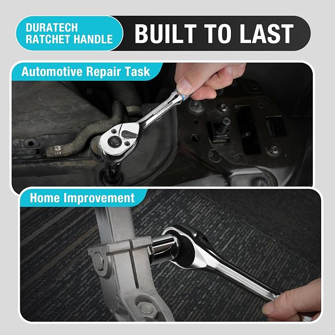 DURATECH 3-Piece Drive Ratchet, 90-Tooth Quick-Release Ratchet Wrench | 1/4", 3/8", 1/2" Socket Wrench for Men Women, Reversible, Cr-V Made, 4° Swing, Full Polished-with Plastic Insert Storage Box