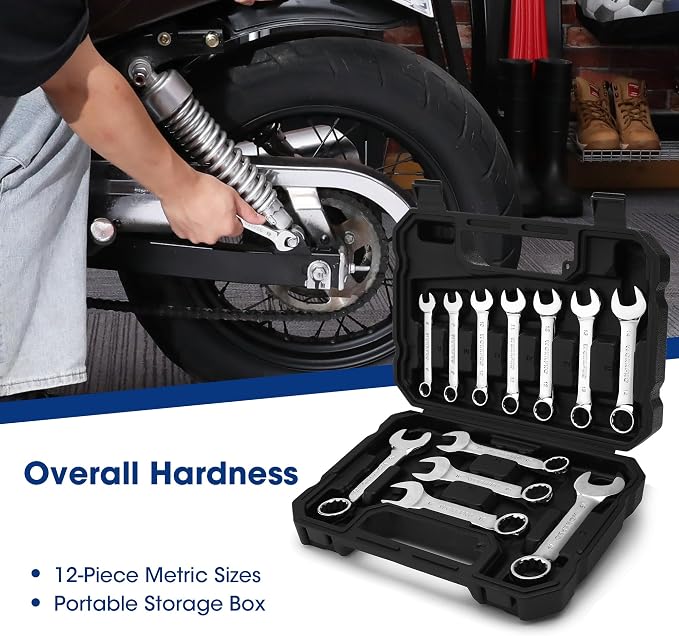 WORKPRO 12PCS Stubby Combination Wrench Set with Storage Box, Metric 8-19mm | 12-Point, 72-Teeth, Cr-V Steel, HRC 50 Hardness, For Home Projects, Auto Repairs, Plumbing, Constructions, Machinery