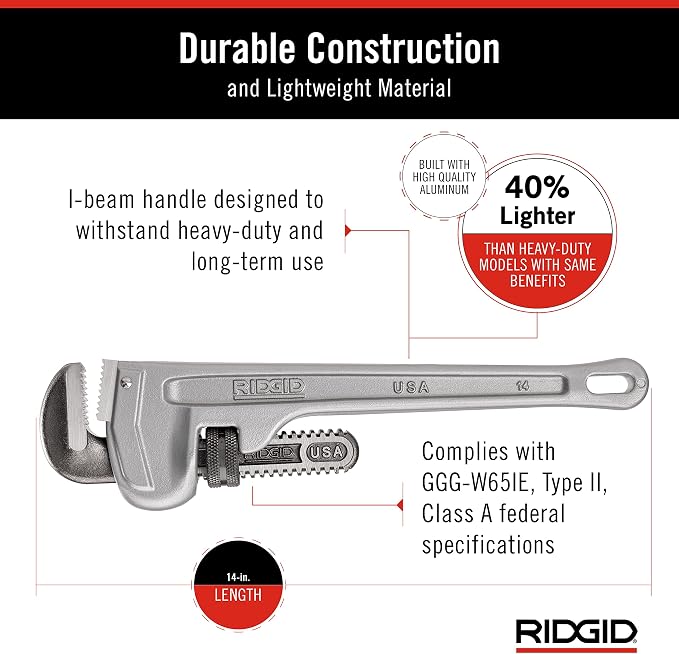 RIDGID 31095 Model 814 Aluminum Straight 14" Plumbing Pipe Wrench, Silver, Made in the USA