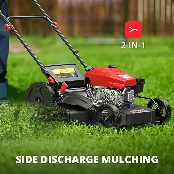 AMERISUN 21" Gas Lawn Mower with 144cc Engine, 2-in-1 Mulching & Side Discharge, 6-Position Height Adjustment, Foldable Handles for Lawn, Yard and Garden