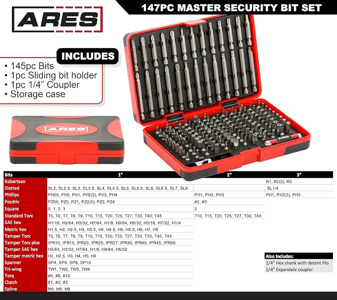 ARES 31018-147-Piece Master Security Bit Set – Phillips, Robertson, Tamper Hex and Torx Bits, Specialty Bits, and More – Bit Set Includes Bit Holder and Coupler for Maximum Versatility