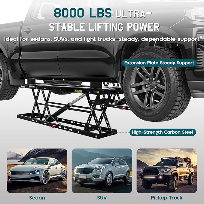 Albott 8000 LBS Portable Car Lift for Home Garage, Heavy-Duty Q355B Steel Vehicle Lift, Adjustable Height up to 27.4", 25–30s Fast Cycle, Locking Levers, Extension Plate, Foldable with Wheels