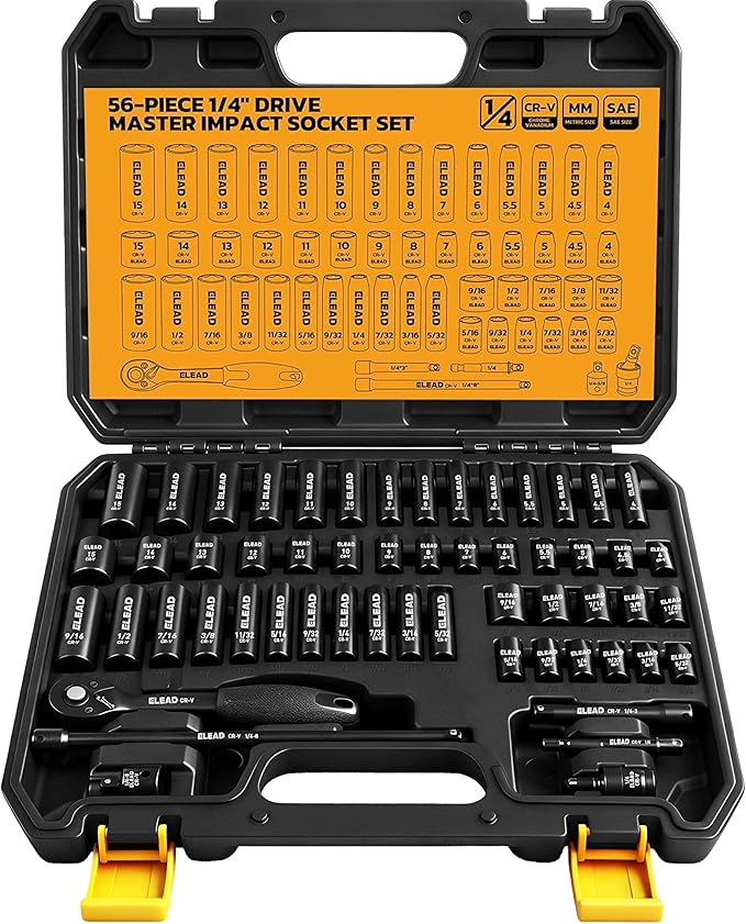 ELEAD 1/4" Drive Impact Socket Set, 56-Piece Standard SAE (5/32 to 9/16 inch) and Metric (4-15mm) Size, Deep & Shallow, 6 Point, Cr-V, 72-Tooth Ratchet Handle, Extension Bar, Universal Joint