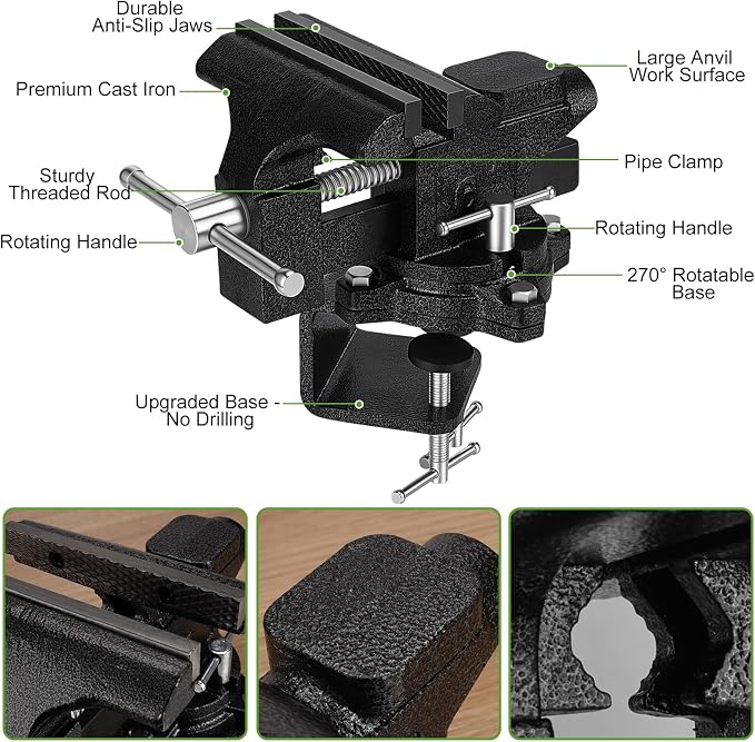 6-Inch Bench Vise, 2-In-1 Drill-Free Table Vice for Workbench
