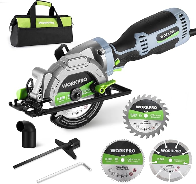 WORKPRO 5.8Amp 3500RPM Circular Saw with Parallel Guide, Maximum Cutting Depth 1-11/16''(90°),1-1/8''(45°), Compact Circular Saw with Three 4-1/2" Blades for Wood, PVC, Tile, Cement Block