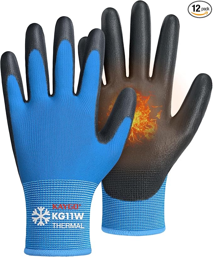KAYGO 12 Pairs Winter Work Gloves for Men and Women, Thermal Insulated Safety Work Gloves PU Coated, Super Grip,Ideal for Freezer Work,Blue,L