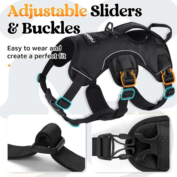 rabbitgoo Escape Proof Dog Harness for Medium, No Pull with Lift Handle | No Escape, Full Soft Padded, Reflective Adjustable Vest, Leash Clip for Walking Hiking Training, Black, Medium