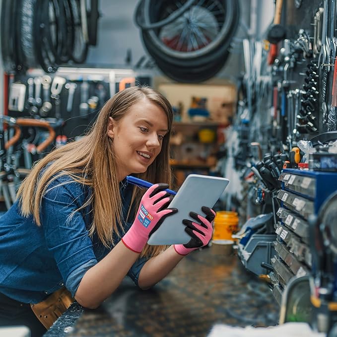 KAYGO Work Gloves PU Coated for Men and Women, 12 Pairs Safety Work Gloves with Two Fingers Touchscreen, Breathable and Lightweight,Ideal for Light Warehouse, Manufacturing, Gardening, KG11P (S,Pink)