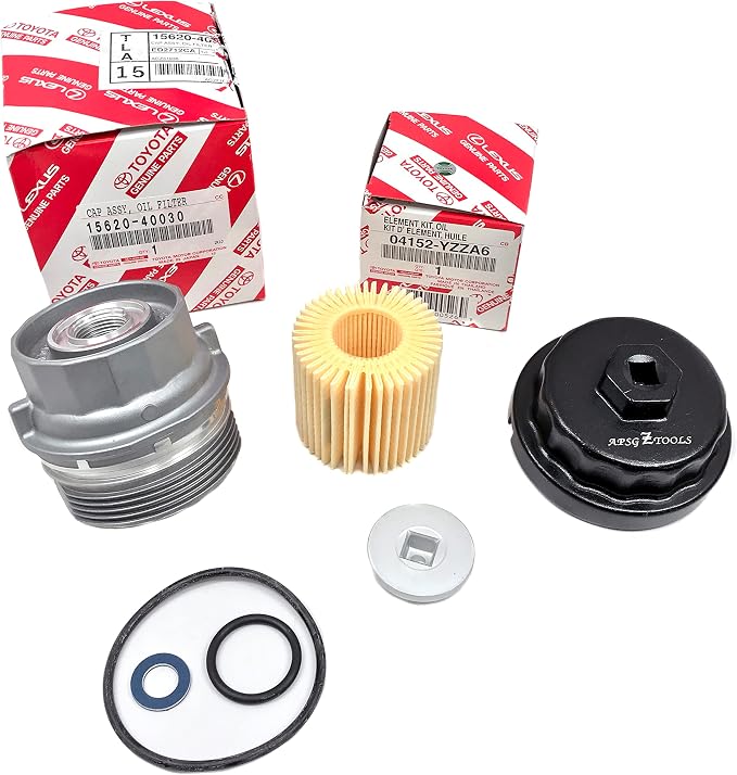 Genuine 04152-YZZA6 Oil Filter with Genuine 15620-40030 Oil Filter Housing Cap | Includes APSG Wrench, Cap Plug and Crush Washer | Compatible with Toyota 1.8L