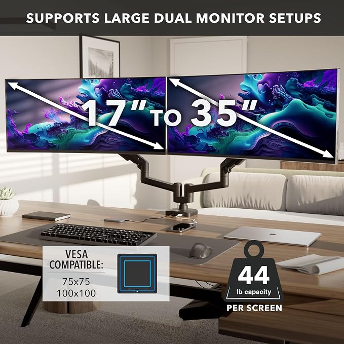 Mount-It! Proflex Series Heavy-Duty Dual Monitor Arm for 17–35” Screens, Gas Spring, Full Motion, USB-C & USB 3.0 Ports, VESA 75/100, Fits Ultrawide & Curved Displays, Clamp or Grommet Base