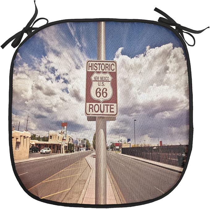 Lunarable Americana Chair Cushion Pads Set of 2, Historic New Mexico U.S 66 Route Sign Roadway Driving Roadside Scenery, Anti-Slip Seat Padding for Kitchen & Patio, 16"x16", Multicolor Dust Blue