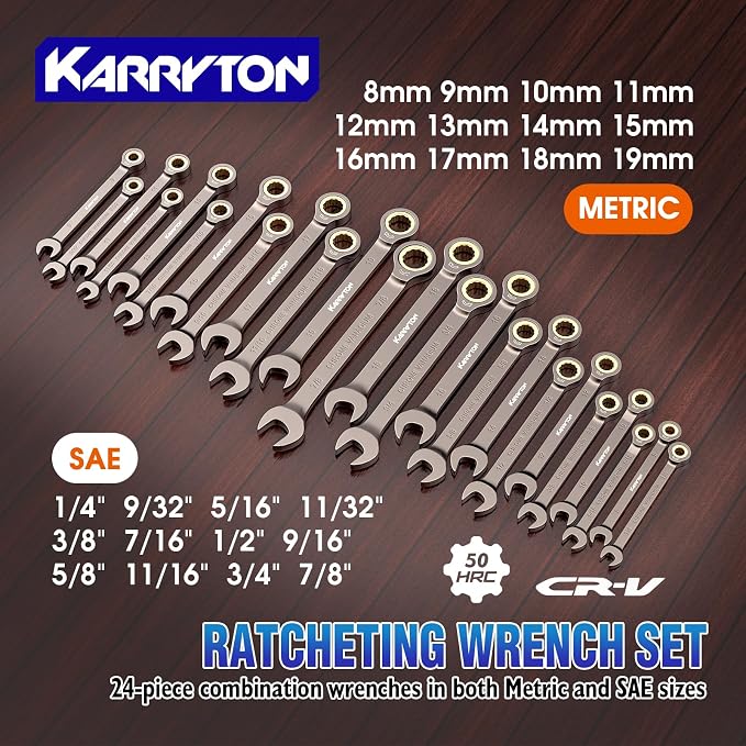 24-Piece Ratcheting Wrench Set (Metric & SAE),72 Teeth Ratchet Combination Wrenches Set with Organizer Racks,Cr-V Steel,8-19mm & 1/4-7/8",Black Nickel Handle with Golden Ratchet