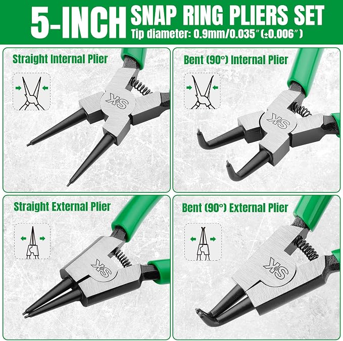 SK 4-Piece Snap Ring Pliers Set, 5-Inch Internal/External Circlip Pliers