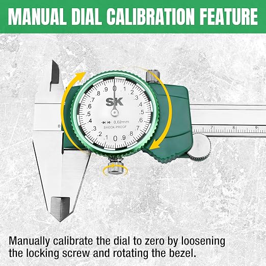 SK Metric Dial Caliper, 150mm Caliper Measuring Tool with Shock-Proof Design, 4 Measurement Methods Stainless Steel Calipers, ±0.03mm Accuracy