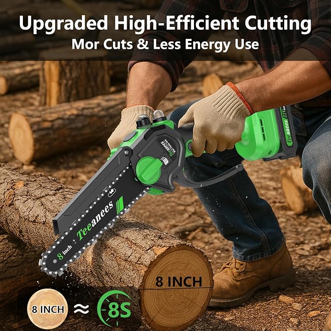 Mini Chainsaw Cordless with 2 Batteries & 8 Chains, Dual Guide Bars (8" & 6"), 1000W Electric Battery Powered Chain Saw for Tree Trimming, Wood Cutting, Garden Gift (Green)