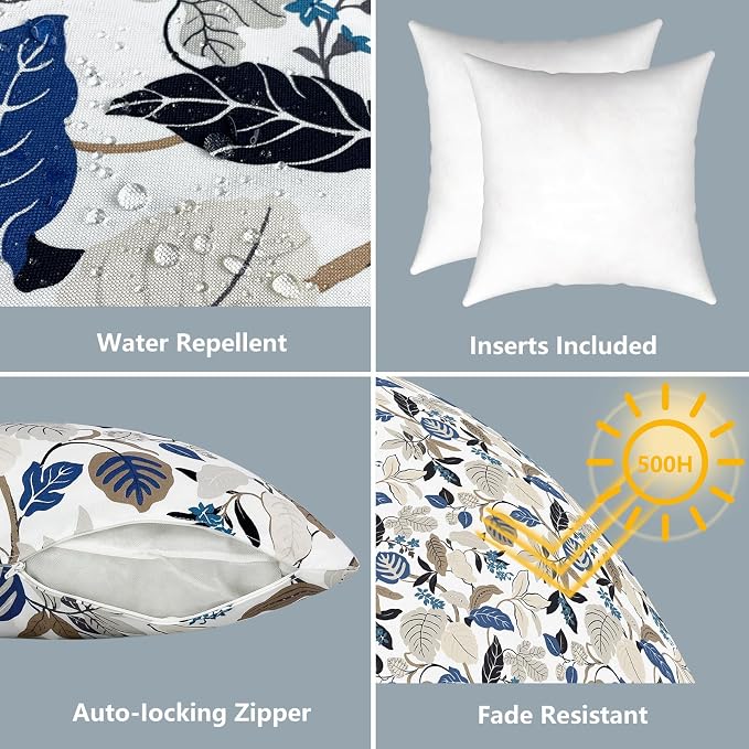 LVTXIII Outdoor Throw Pillows, Decorative Throw Pillows with Inserts, 16"x16" Square Pillows for Bed, Couch, Sofa and Patio Furniture, Set of 2, Breeze Leaves Beige