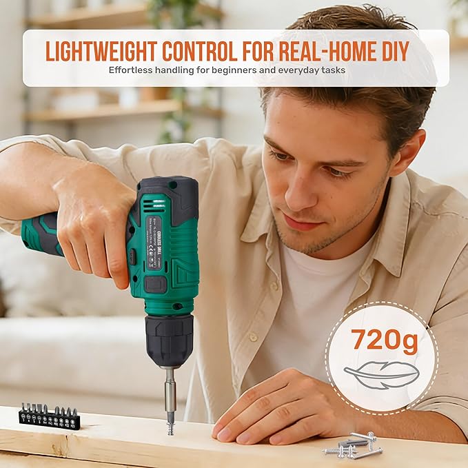 Hi-Spec 8V USB Power Drill Driver Screw Drill Bit Set. Cordless & Rechargeable Electric Drill Driver with Wall Hanging Kit,Green