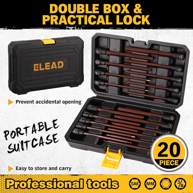 Extra-Long Allen Hex Bit Socket Set: 20-Piece 3/8 Inch Drive, 150mm S2 Steel, Standard SAE & Metric (1/8-Inch - 7/16-Inch, 3-12mm) for Impact Drills and Ratchet Wrenches