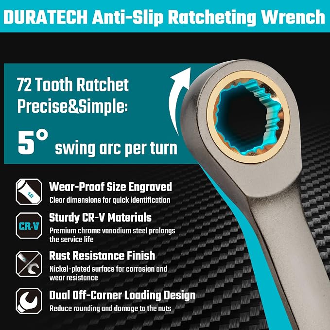 DURATECH Anti-Slip Ratcheting Wrench Set, 22-piece, Metric & SAE | Combination Wrench Set, 1/4" to 3/4" & 6-18mm, 72-Tooth, CR-V Steel, Nickel Plating