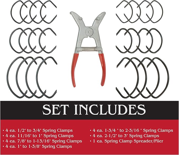 Peachtree Woodworking Supply Spring Miter Clamp 25 Piece Set with 24 Assorted Size Spring Clamps and 1 Easy to Load Spring Tensioned Pliers for Woodworking Frames, Moulding & 45 Degree Corner Clamping