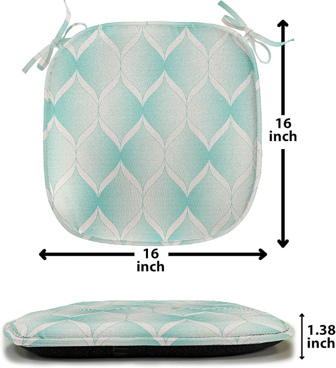 Lunarable Aquamarine Chair Seating Cushion Set of 2, Retro Nostalgic Pattern with Geometry Inspired Motif and Dotted Lines, Anti-Slip Seat Padding for Kitchen & Patio, 16"x16", Turquoise Eggshell