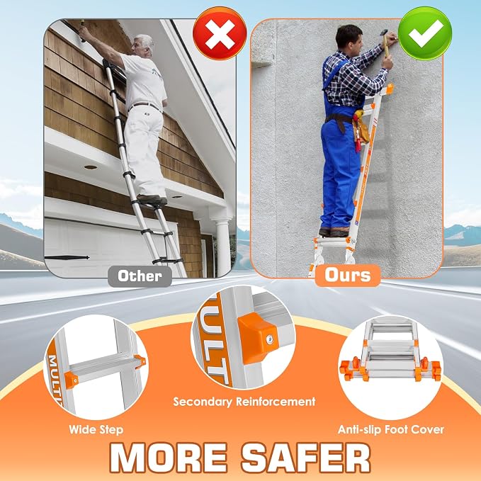 LEVELEVE Telescoping A Frame Ladder, 17FT Multi Position Ladder with Stabilizer Bar & Wheels,330 lbs Security Load for Stairs Home Indoor Outdoor Roof