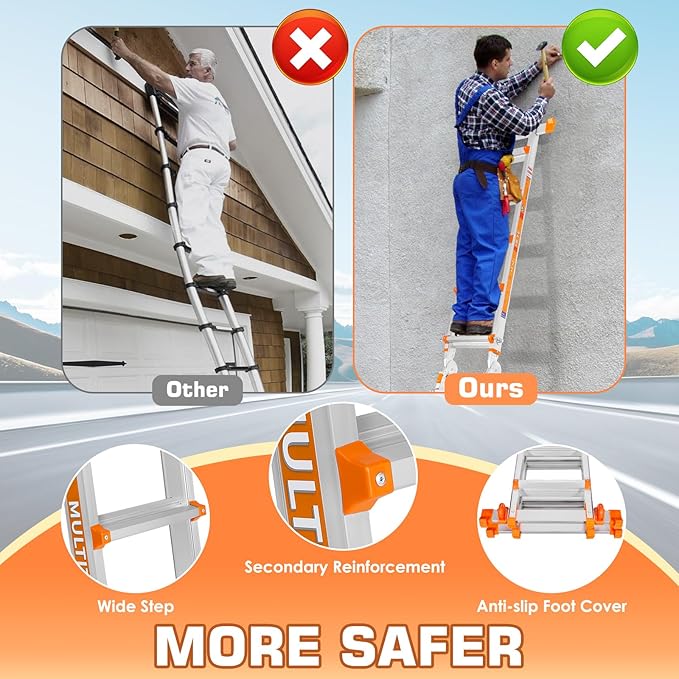 LEVELEVE Telescoping A Frame Ladder, 22FT Multi Position Ladder with Stabilizer Bar & Wheels,330 lbs Security Load for Stairs Home Indoor Outdoor Roof