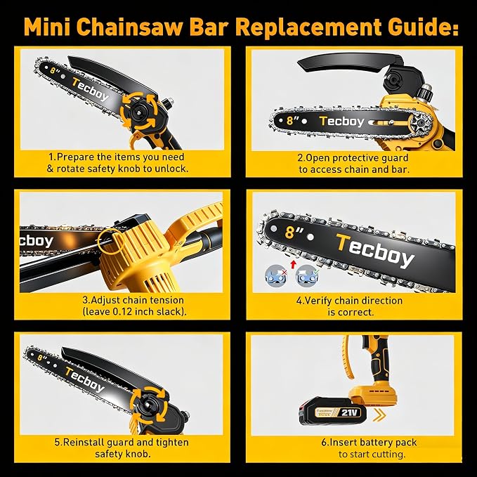 8+6 Inch Mini Chainsaw Cordless Electric Chainsaws Handheld with 2X 2.0Ah Batteries, Battery Powered Chain Saw Small Chain Saws for Tree Trimming, Yard Gardening Tools, Birthday Gifts for Men(YellowA)