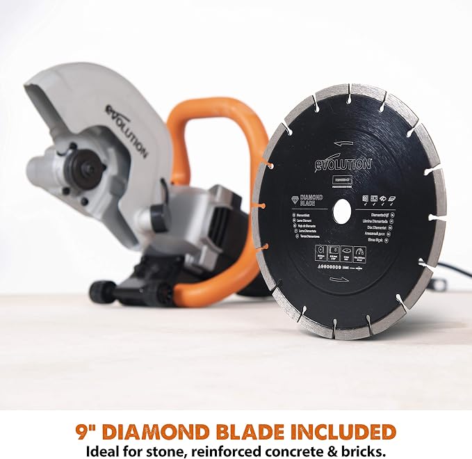 Evolution R230DCT | 9 in. Electric Concrete Saw | Diamond Masonry Blade Included | 15A Motor | 3-1/2" Cut Depth | No Gas, No Fumes | Circular Saw / Disc Cutter / Cut-Off Saw | Brick & Concrete